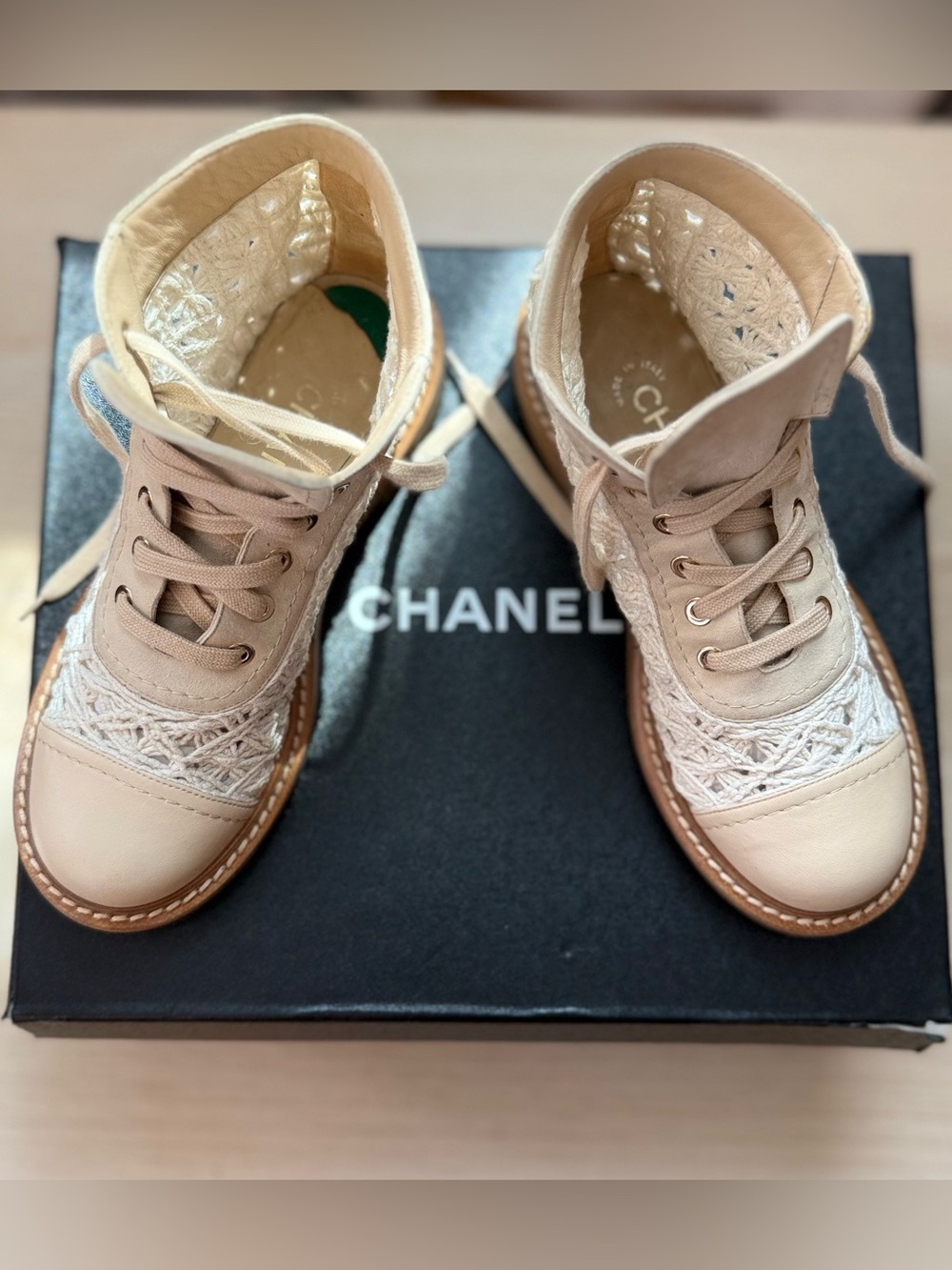 CHANEL Cream Crochet Lace-Up High-Top Boots - Picture 3 of 15